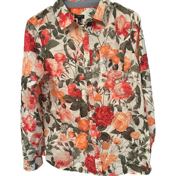 Talbots Petite 100% Botanical Floral Rose Print button down Shirt Size 12P - Picture 3 of 5